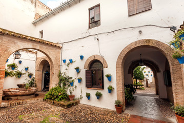 Fototapeta na wymiar Arches of historical courtyard with flowerpots in town of Andalusia