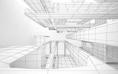 Abstract white interior highlights future. Polygon drawing. Architectural background. 3D illustration and rendering