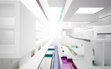 Abstract white interior with colored gradient glossy lines and floor. 3D illustration and rendering