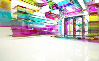 abstract architectural interior with colored smooth glass sculpture with black lines. 3D illustration and rendering