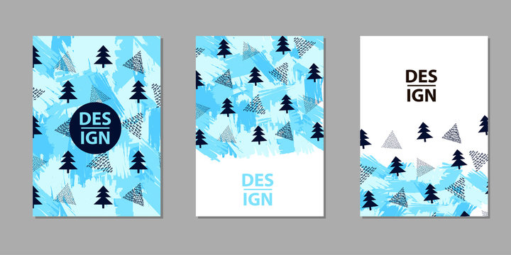 Blue brush strokes, fir trees and triangles. Winter backgrounds. Templates for card, banner, poster, flyer, cover.