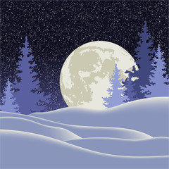 Vector illustration. Christmas. Night winter landscape with a full moon