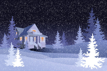 Winter forest with black night sky, vector