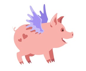 Cute winged piglet with hearts on his back