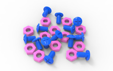Fototapeta premium Plastic toy blue screw and pink nut couple