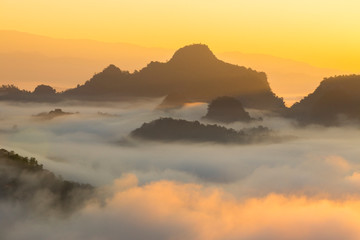 Morning sunrise over mist .