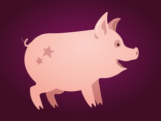 Cute pink piglet with stars on his back, hand drawn cartoon vector illustration