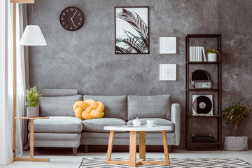 Grey concrete wall in modern living room with industrial black metal bookshelf next to comfortable sofa with yellow knot pillow © Photographee.eu