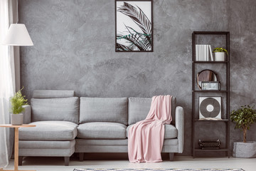 Pastel pink blanket on grey comfortable couch in contemporary living room with industrial black...