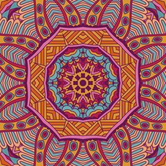 Tribal geometric doodle seamless design. Festive colorful mandala pattern