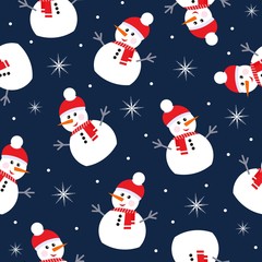Seamless background with snowman and snowflake. Design for wrapping, fabric, print. Vector illustration.