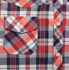 Plaid Tartan Pattern Shirt with Blue, White & Red Checkered Fabric. Close Up View of Front Pocket and Buttons on Stylish Fashion Polo T-Shirt. Squared Simple Colorful Design on Casual Sweater Jacket