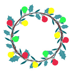 a christmas wreath with red, yellow and green bulbs