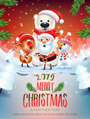 2019 Merry Christmas & New Year poster. Santa Claus Snowman,  bear and symbol of 2019 year Pig sing a Christmas song around the Christmas tree in a snowy meadow. invitation card and holiday template.