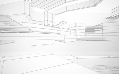 Abstract white interior highlights future. Polygon drawing. Architectural background. 3D illustration and rendering