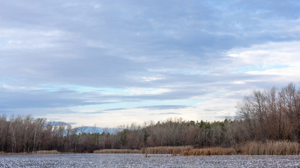 Winter landscape ice-covered lake and trees. Beautiful cloudy sky.