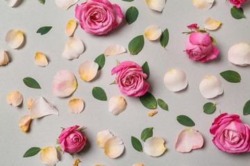 Composition with beautiful pink roses and petals on grey background