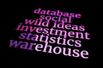 CGI typography, motivation related, keywords cloud for design texture, background. 3D rendering.