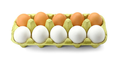 Raw chicken eggs on white background