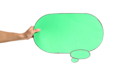 Male hand with speech bubble on white background