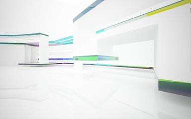 abstract architectural interior with white sculpture and geometric glass lines. 3D illustration and rendering