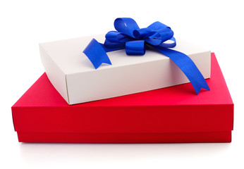 Red and white gift box with blue ribbon