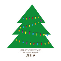 christmas tree with colorful fairy lights greeting card vector illustration EPS10