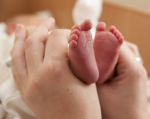 Obraz na płótnie Canvas Infant heels in mother's hands