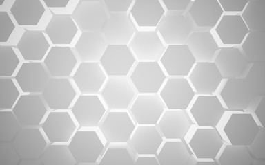 Abstract white interior of the future, with hexagonal honeycombs and neon lighting. 3D illustration and rendering