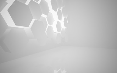 Abstract white interior of the future, with hexagonal honeycombs and neon lighting. 3D illustration and rendering