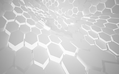 Obraz na płótnie Canvas Abstract white interior of the future, with hexagonal honeycombs and neon lighting. 3D illustration and rendering