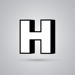 White 3D vector letter H uppercase with black border isolated on white background