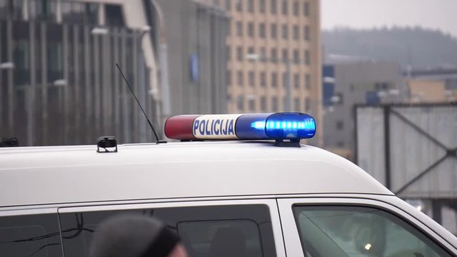 Police car emergency lights flashing, Vilnius, Lithuania