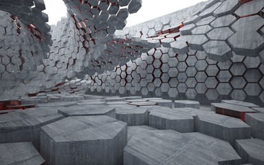 Abstract interior with hexagonal honeycombs of concrete with red glass line. Architectural background. 3D illustration and rendering 