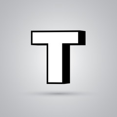 White 3D vector letter T uppercase with black border isolated on white background
