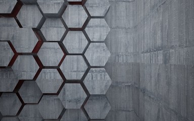 Abstract interior with hexagonal honeycombs of concrete with red glass line. Architectural background. 3D illustration and rendering 