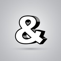 White 3D vector ampersand symbol with black border isolated on white background