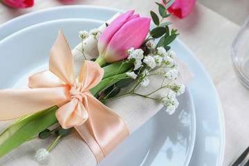 Fototapeta na wymiar Stylish table setting with beautiful flowers