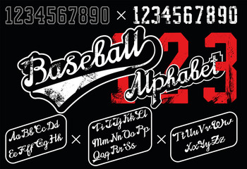 Retro Lettering font and digits. Continuous baseball style. Digits with grunge effects and in line style. Curve. Retro baseball alphabet