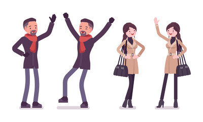 Obraz premium Stylish man and woman in autumn clothes positive emotions