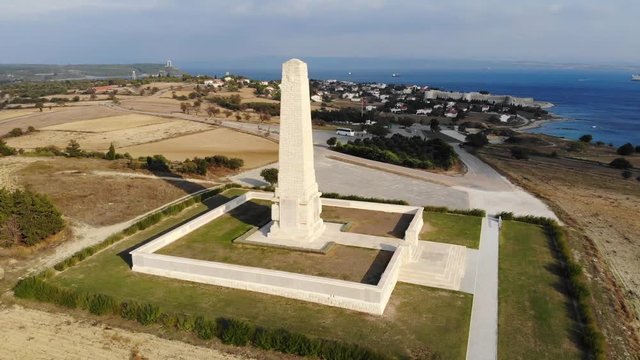 Aerial view of The Helles Memorial is a Commonwealth War Graves Commission war memorial near Sedd el Bahr, in Turkey.