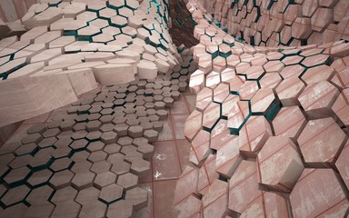 Empty abstract room interior with hexagonal honeycombs of sheets rusted metal,  brown concrete and blue glass lines. Architectural background. 3D illustration and rendering