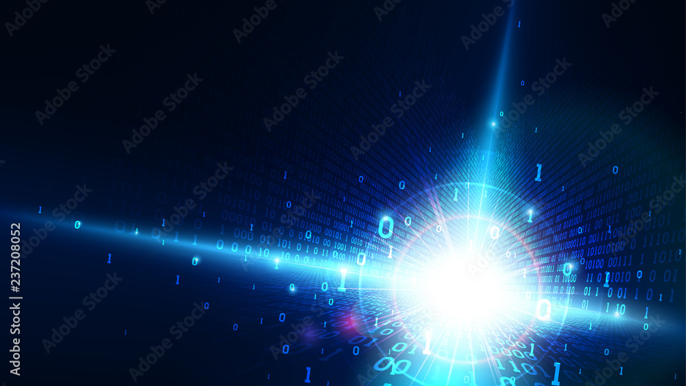 Poster Binary code in abstract matrix cyberspace, shining blue background with digital code, artificial intelligence, big data, cloud service, machine learning