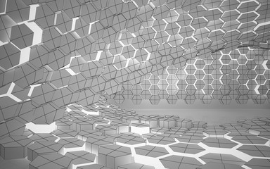 Abstract white interior highlights future with hexagonal honeycombs. Polygon drawing. Architectural background. 3D illustration and rendering