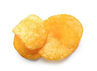 Tasty crispy potato chips on white background