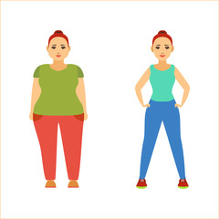 Cartoon Color Characters Woman Set Losing Weight Concept. Vector