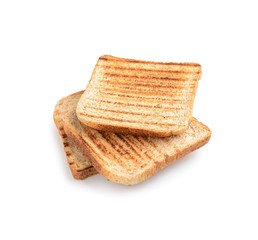Tasty toasted bread on white background