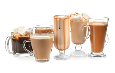 Different kinds of coffee drinks on white background