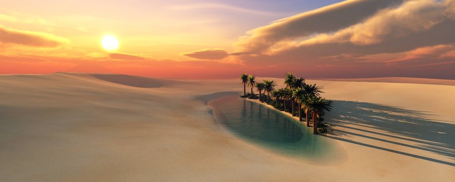 Oasis at sunset in a sandy desert, a panorama of the desert with pyramids and palm trees,