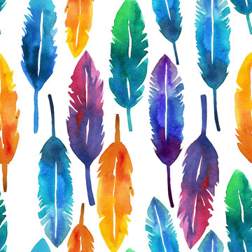 A seamless pattern with watercolor feathers. Hand drawn art ornament for wrapping paper.